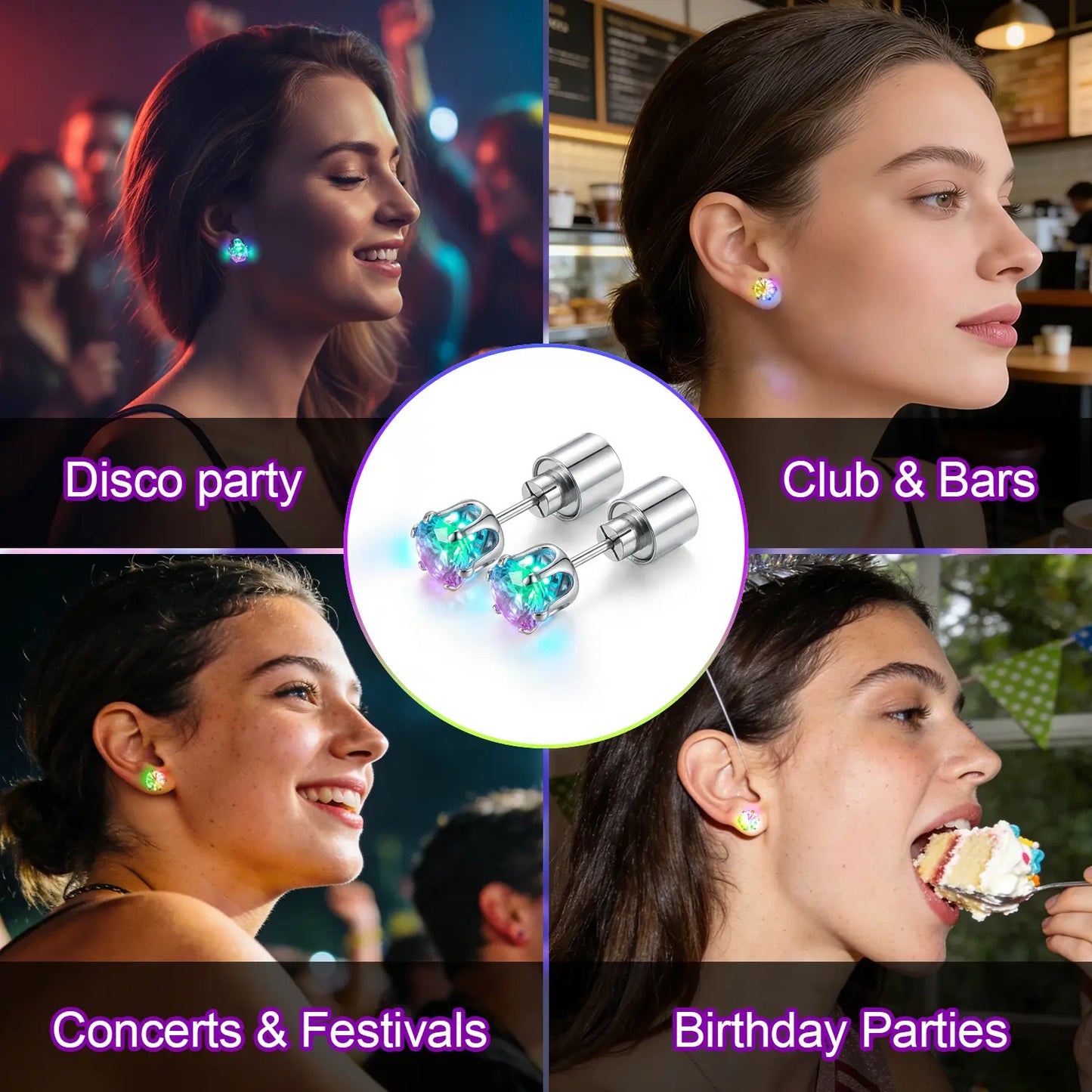 LED Light Up Stud Earrings, Glowing Diamond Crown Earrings for Women & Men, Party Jewelry for Weddings, Birthdays, Nightclubs, Disco & Festivals