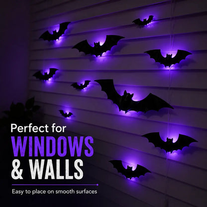 3D Bat Light LED Decorations, 12pcs/24pcs Halloween Spooky Ornaments, Bendable Wall Stickers with Smooth Bubble-Free Application, Easy Install Battery Powered Glowing Decor, Non-Remote Indoor Decor for Home, Party, Window, Door, Festival